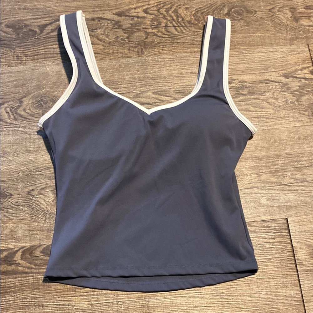 Stylish Gray Tank Top with White Trim And Built In Bra.